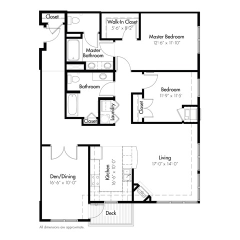 A floor plan of a house with a den, two bedrooms, a living room, a kitchen, a master bathroom, and a walk-in closet.